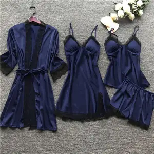 New European and American Ladies Stretch Pajamas Four-piece Lace Sling Satin Nightgown Sexy Interesting Pajamas Wholesale