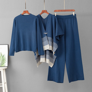 Stylish Striped Knitted 3 Piece Outfits Women Jacquard Shawl <b>Sweater</b> Loose Palazzo Pants Lightweight Casual Fall Wear - Product Image 4