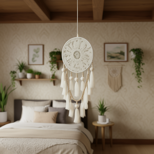 Atrapasueños Blanco de 21 cm con Encaje, Borlas y Cuentas, Decoración de Pared Bohemia, Mandala Colgante para Decoración del Hogar - Product Image 2