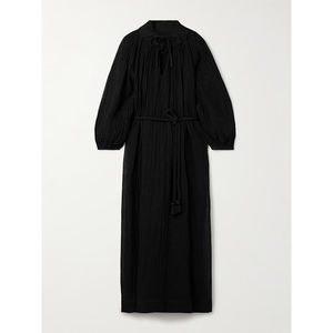 Abito da Donna <span class=keywords><strong>Nero</strong></span> Autunnale in <span class=keywords><strong>Lino</strong></span> Intrecciato Pieghettato Lavabile ed Ecologico Lunghezza al Ginocchio Senza Maniche con Cintura - Product Image 2