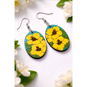 ต่างหูลายดอกไม้เขตร้อนวาดด้วยมือ ต่างหูไม้สีเขียวอมฟ้ารูปดอกชบา - Product Image 6