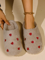 Liefdeshart geborduurde pluche katoenen pantoffels, zachte warme binnenhuispantoffels voor dames, Valentijnscadeau slippers