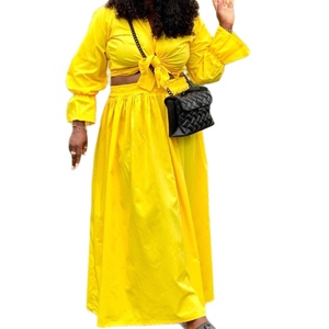 Sexy Women's Solid Collar Sleeve <b>Tie</b>-Front Shirt Long Dress African New Style Casual 2-Piece <b>Set</b> Fashion - Product Image 1