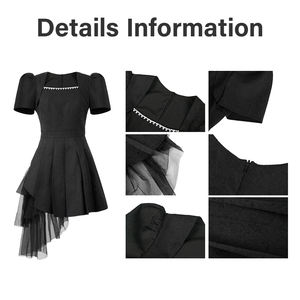 ZYHT 61240 <span class=keywords><strong>Robe</strong></span> courte noire à col carré ornée <span class=keywords><strong>de</strong></span> perles pour filles romaines, décontractée, avec taille naturelle, tissu tissé, écologique pour femmes - Product Image 4