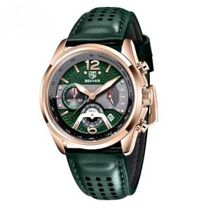 Reloj Deportivo Casual para Hombre, Cronógrafo, Oro Rosa, Bisel con Tacómetro, Correa de Cuero, Resistente al Agua, Luminoso, Cuarzo, con Calendario - Product Image 1