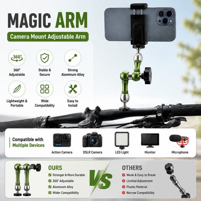 Universal 360 Magic Arm Aluminum Alloy Dual Ball Head Camera Mount with 1/4 Screw for DSLR Monitor LED Light Action Camera