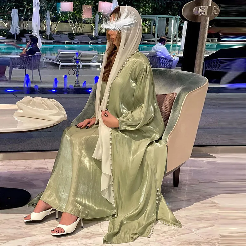 Gaun abaya Arab 2 potong Set wanita elegan Dubai Turki Musulmane Vestidos kardigan manik-manik lengan gelembung dengan gaun dalam