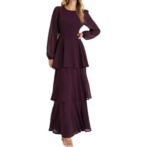 2024 Fashion Women's Dress Purple Cutout Long Sleeve Tiered Maxi Dresses Summer Elegant Chiffon Dress