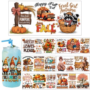 Autocollant UV DTF à thème d'automne chaleureux et confortable, motif citrouille, vente en gros, transfert UV DTF personnalisé par un designer, pour gobelet en verre de 16 oz - Product Image 2