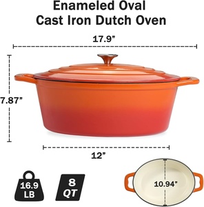 Couvercle de <span class=keywords><strong>cocotte</strong></span> ovale émaillée 8 QT avec deux poignées, revêtement antiadhésif émaillé (Orange) pour la cuisson du pain et la friture - Product Image 2