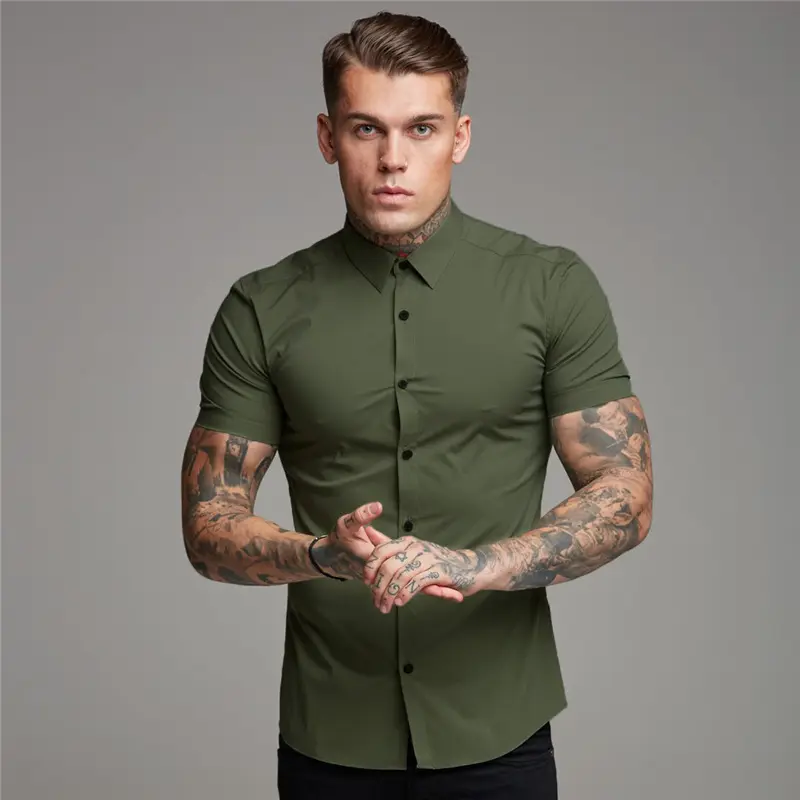 Men Fashion Casual Short Sleeve Solid Shirt Super Slim Fit Male Social Business Dress Shirt