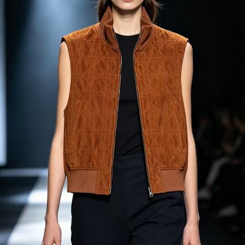 607 Autumn Women's Stand Collar Suede Sheepskin Waistcoat Quilted Spliced Zip Vintage Old Money Leather Vest