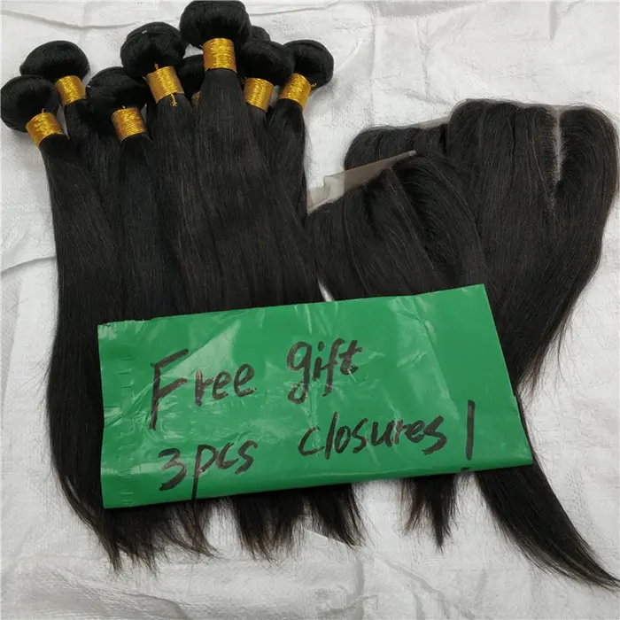 Letsfly 도매 스트레이트 헤어 묶음 클로저 100% 브라질 사람의 머리카락 무료 선물 스트레이트 레이스 클로저 헤어 직조