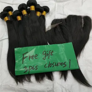 Letsfly wholesale straight hair bundles with closure 100% Brazilian human hair with Free Gift straight lace closure hair weave