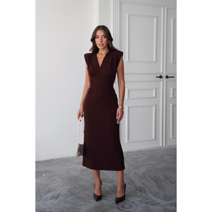 เดรสสีน้ำตาลทรงวีคอแบบสกูบา ดีไซน์จับจีบด้านข้าง ความยาวปานกลาง เหมาะสำหรับใส่ทำงาน สำหรับผู้หญิง ไซส์ S - Product Image 2