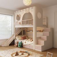Cama litera infantil de madera rosa con diseño de castillo de princesa, cama litera colorida para niñas, juego de muebles infantiles