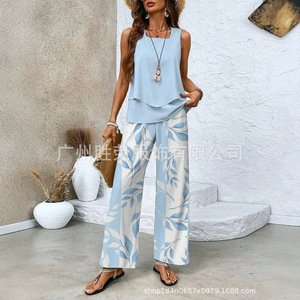 Ensemble veste et pantalon sans manches à double couche pour femmes, imprimé floral, costume décontracté, style Europe et Amérique, tailles S, M, L, XL, XXL, XXXL - Product Image 1