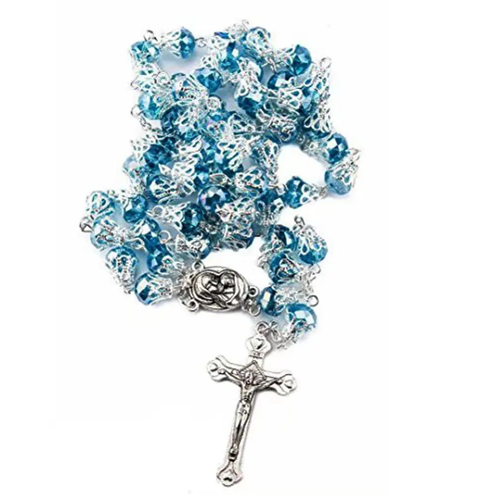 Forniture religiose all'ingrosso collana regalo perline di preghiera 6*8mm rosario di cristallo gerusalemme con scatola collana croce di gesù