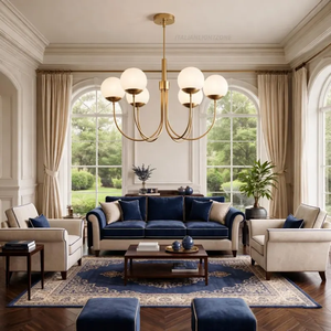 Lustre design moderne du milieu du siècle à 6 lumières en laiton avec globes en verre dépoli, luminaire suspendu pour salon - Product Image 6