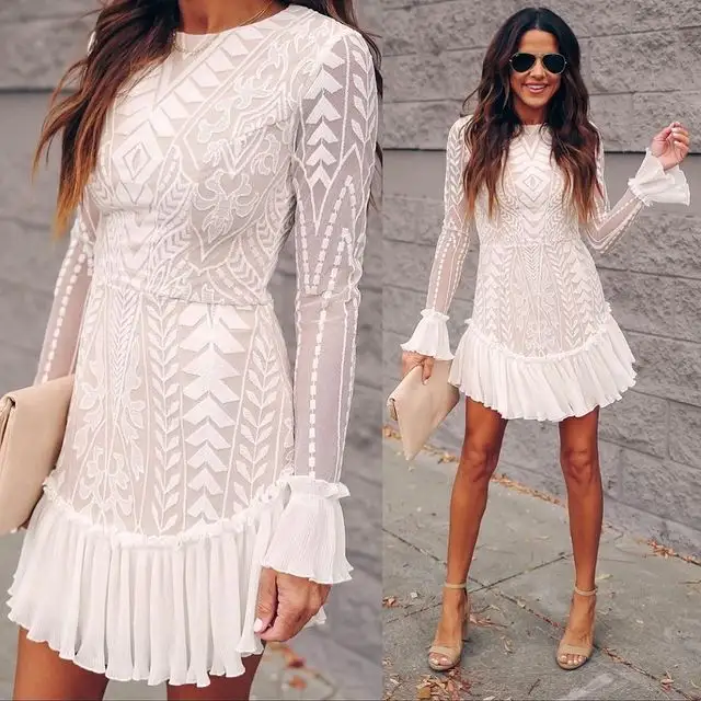 Women Dresses European Style Designer Lace Sexy And Elegant Casual One Piece Dress Long Flare Sleeve Pleated Bottom Skirts