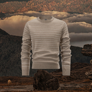 Pull en tricot personnalisé ODM en acrylique, col rond, manches longues, rayé, couleur kaki, pour homme, automne-hiver - Product Image 3