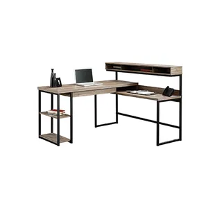 多功能平l形家用办公电脑桌，带搁板木钢桌