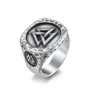 Norse Viking Odin Triangle Hammered Stainless Steel Ring Non Tarnish Retro Triangle Amulet Casting Men's Ring