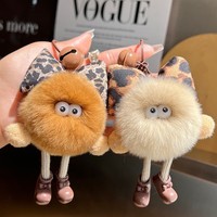 Breloque en fausse fourrure de lapin Rex, motif boule de charbon, douce, écologique, mignonne, imprimé animal, nœud, pendentif moelleux, porte-clés, ornement de sac en peluche