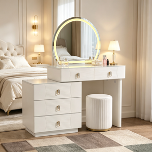 Tocador Moderno Blanco con Espejo LED Redondo, Cómoda de 3 Cajones y Taburete Acanalado para Dormitorio - Product Image 4