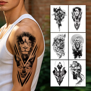Autocollants de tatouage temporaire imperméables, motif Lion Noir, Loup, Crâne, <span class=keywords><strong>Boussole</strong></span>, Faux Tatouages, Art Corporel, Grand Tatouage Manchon pour Bras, pour Hommes et Femmes - Product Image 1