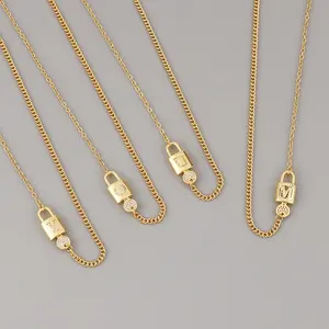 Plated Necklace 18K Gold Plated Copper With CZ Zircon 26 Letters Lock Letter Sideways Initial Necklace