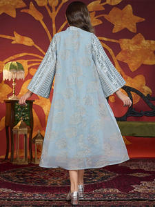 Nouvelles filles musulmanes <span class=keywords><strong>feuille</strong></span> métallique brodé longue Abaya avec col Mandarin bleu clair islamique enfants vêtements - Product Image 5