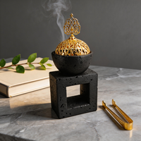 Brûleur d'encens moderne en céramique noire avec couvercle en filigrane doré |   Bakhoor arabe minimaliste, décoration aromatique pour la maison, aromathérapie