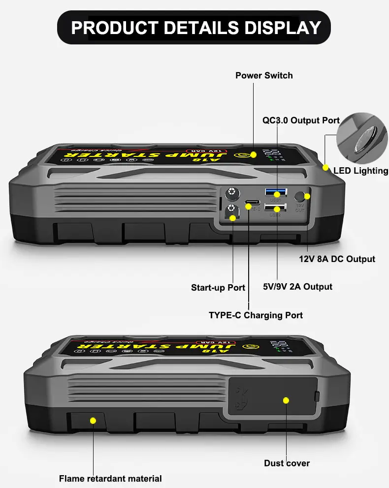 High capacity pd66w quick charge 20000mah car booster jump starter power bank waterproof with dual usb ports