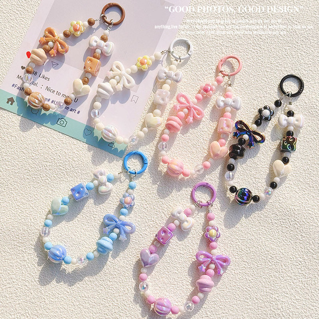 Cartoon Hand Painted Bead Keychain Accessories Blind Box Style Phone Strap Beaded Bag Cup Extender Chain Multi-Use Phone Charm