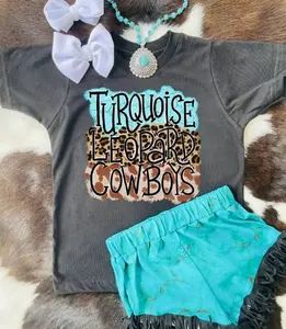 Baby Meisjes Turquoise Cowboy Outfits Zomerkleding Peuters Groothandel Boetiek Kinderen Korte Mouwen Top Mint Shorts Kinderen Sets