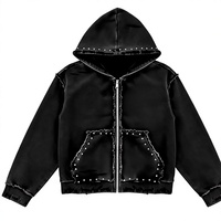 Sweat-shirt à capuche zippé en polaire pour homme, en coton brodé, éco-responsable, personnalisé, avec patchwork de rivets à bords bruts et finition effilochée, coupe ample, style streetwear Y2K