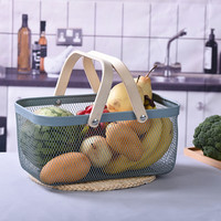 Panier de rangement rectangulaire en métal XWX pour pique-nique, fruits, légumes et articles divers, avec poignée en bambou