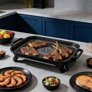 ガラス蓋付き電気グリドル - 家庭用ノンスティック韓国風BBQグリルパン、レッド - Product Image 5