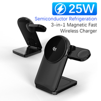 Cargador Inalámbrico Magnético de 25W 3 en 1 con Ventilador de Refrigeración, Estación de Carga de Escritorio con Certificación KC FCC CE para iPhone 16 15, Apple Watch y AirPods