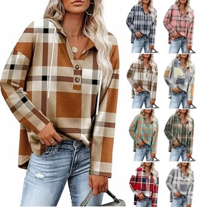 Sweat-shirt à capuche boutonné à carreaux à manches longues pour femme, tendance - Product Image 1