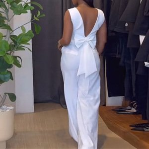 เสื้อผู้หญิงสีพื้นแบบผูกโบว์ด้านหลัง กางเกงขายาวทรงกว้าง ชุดลำลอง 2 ชิ้น แฟชั่น - Product Image 4