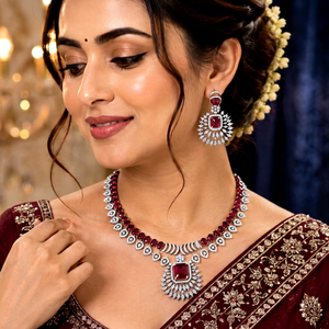 High-End American Diamond CZ Bridal Jewelry Set Emerald Cut <b>Ruby</b> Red Crystal Centerpiece Collar <b>Necklace</b> Set for Party Wear - Product Image 1