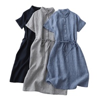 2023 femmes robe logo personnalisé haute qualité vêtements femmes col rond lin plaine cordon taille lâche robes décontractées