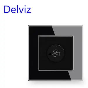 Delviz 팬 조절 로터리 컨트롤러, 86mm 스퀘어 화이트/블랙 강화 크리스탈 유리 패널, 벽 장착 속도 제어 스위치