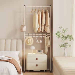 Double Layer Floor Standing Coat Rack With Storage Basket Mobile Clothes Organizer For Bedroom Home Use - Product Image 2