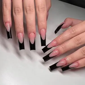 XL False Fake Nails long coffin Artificial Fingernails Black French Tips Press On Nails Wholesale