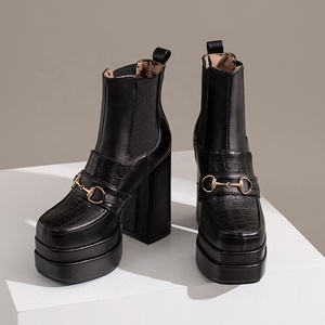 on Women's Big US Size 15 Short Ankle <b>Boots</b> Metal Ornaments Chunky Heels Shoes Stretch Top Wide Feet Pumps for Ladies - Product Image 5