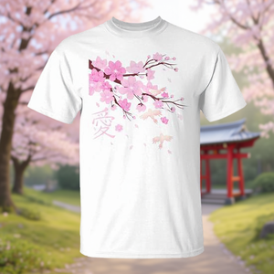 T-shirt Premium pour hommes et femmes avec motif de branche de cerisier Sakura et inscription japonaise « Love » pour les couples et les fans - Product Image 3
