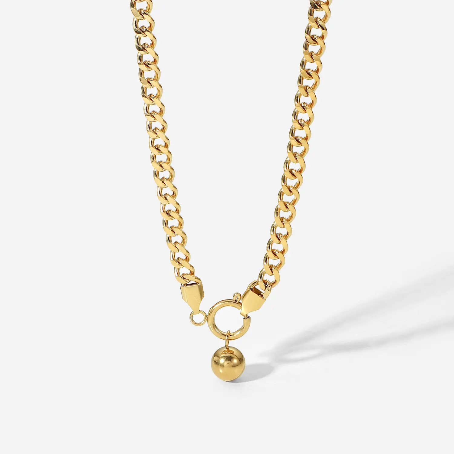 Vintage Halskette 14 Karat Gold kubanische Kette runde Perle Anhänger Feder verschluss Halskette Lady's Neck Kette Edelstahl Halskette